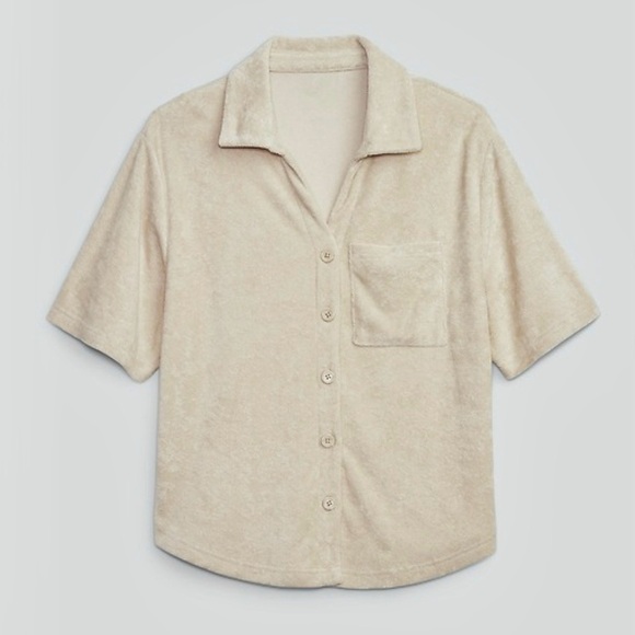 Gap Body Towel Terry beige button front short sleeve top - Picture 11 of 16